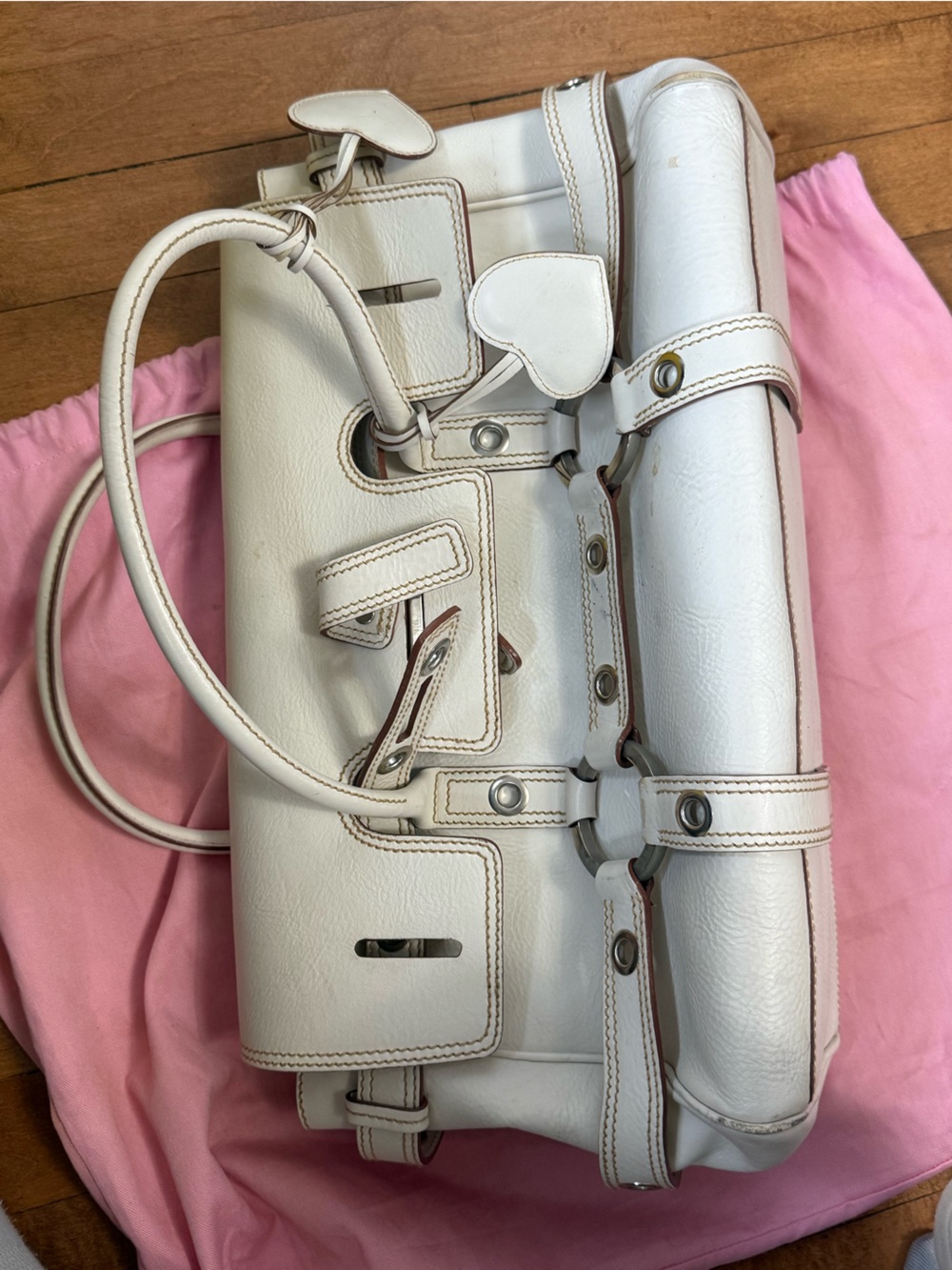 Cream Leather Satchel with Heart Accent